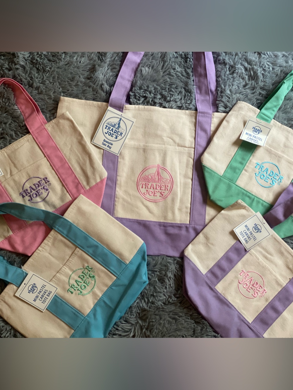 Trader Joe's Canvas Tote Bags - Pastel Totes 4 small 1 large Spring 2026
